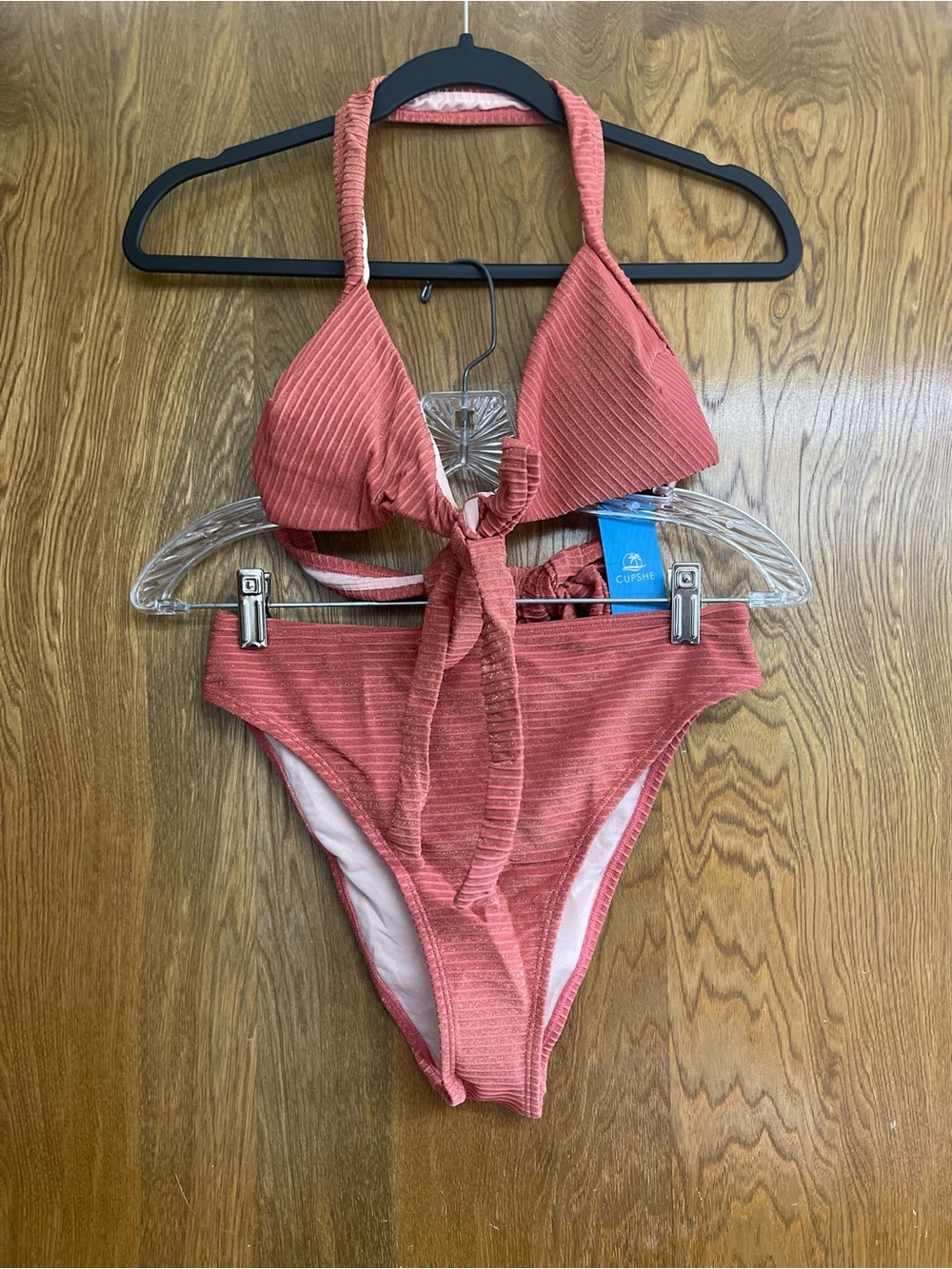 Medium Swimsuit Pink Ribbed Halter Two-Piece Bikini cut out high waist cheeky